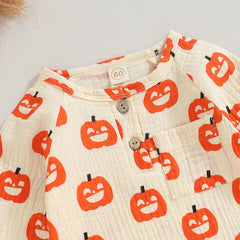 Unisex Baby Long Sleeve Pumpkin Bat Print Halloween Romper