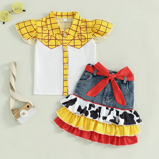 Baby Girls Plaid Print Cow Pattern Ruffles Patchwork Denim Skirt Outfit