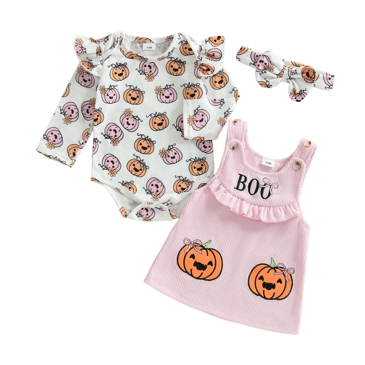 Baby Girl Pumpkin Print Halloween Romper & Dress Set with Bow Headband