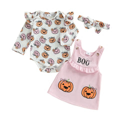 Baby Girl Pumpkin Print Halloween Romper & Dress Set with Bow Headband