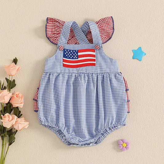 Baby Girl 4th of July Sleeveless Plaid Embroidery Flag Onesie