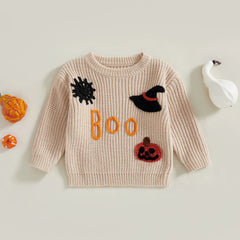 Toddler Unisex Pumpkin & Witch Hat Embroidery Halloween Knit Sweater