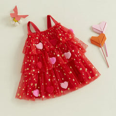 Toddler girl Valentine’s Sleeveless Dress with Star and Heart Prints