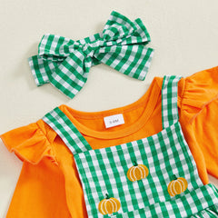 Baby Girl Ruffle Romper, Plaid Pumpkin Dress & Headband Fall Outfit