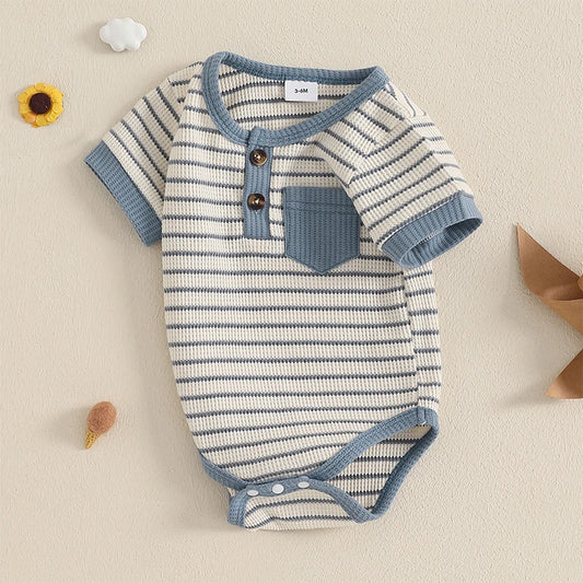 Baby Boy Striped Short-Sleeve Button-Up Onesie, Loose Fit