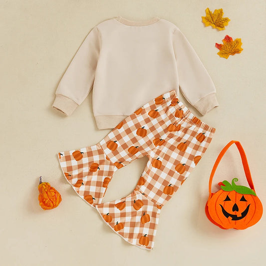 Baby Girls Halloween Letter Embroidered Long Sleeve Sweatshirt + Plaid Pumpkin Flare Pants Outfit