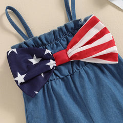 Toddler Girls 4th of July Strip Stars Bowknot Print Overalls