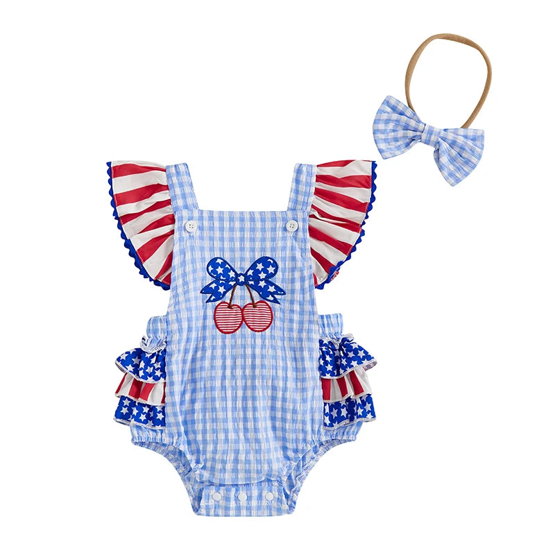 Baby Girls Patriotic Casual Cherry Embroidery Plaid Fly Sleeves Jumpsuit and Headband Set