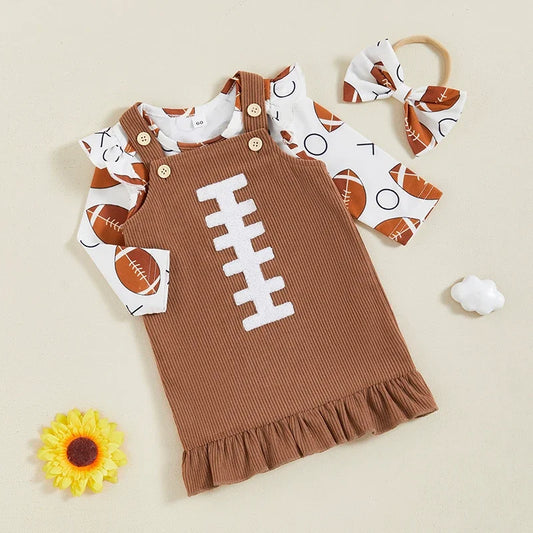 Baby Girl Long Sleeve Romper, Ruffled Overall Dress & Bow Headband Outfit