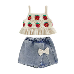 Baby Girl Strawberry Crochet Cami Top and Bow Denim Skorts Set