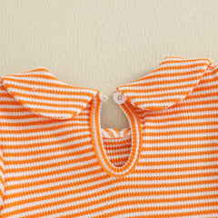 Baby Girl Short Sleeve, Doll Collar & Striped Print Halloween Romper