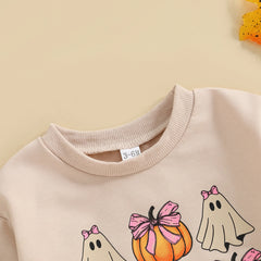 Newborn Girl Long Sleeve Ghost & Pumpkin Print with Bow Halloween Onesie