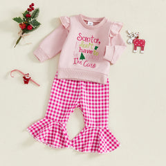 Toddler Baby Girl Embroidered Pullover & Plaid Bell Bottoms Christmas Set