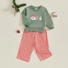 Toddler Baby Unisex Santa Sweatshirt & Plaid Pants Christmas Outfit