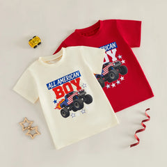 Baby Boys Round Neck Truck Flag Fourth of July T-Shirts