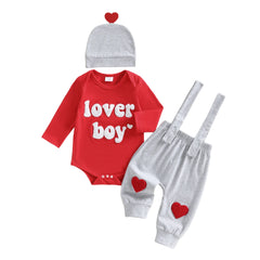 Baby Boy Valentine’s Embroidered Romper, Suspender Pants, and Hat
