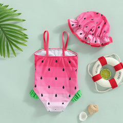 Baby Girl Watermelon Print Swimsuit With Hat