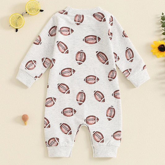 Football Print Baby Romper | Unisex Long Sleeve Jumpsuit