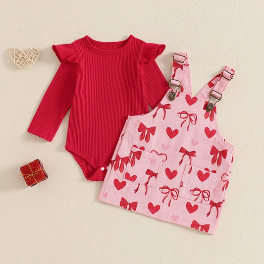 Baby Girl Ribbed Romper and Heart-Print Valentine’s Overall Dress Set