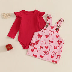 Baby Girl Ribbed Romper and Heart-Print Valentine’s Overall Dress Set