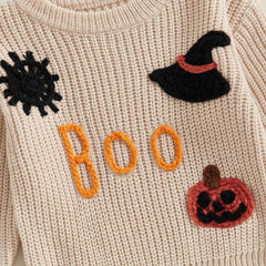 Toddler Unisex Pumpkin & Witch Hat Embroidery Halloween Knit Sweater