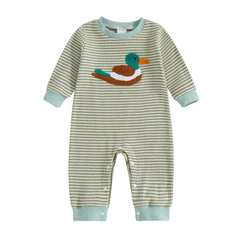 Newborn Baby Boys Long Sleeve Stripes Duck Embroidery Casual Autumn Romper