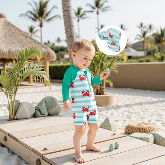 Boys’ Long Sleeve Crab & Stripe Swim Set + Matching Hat