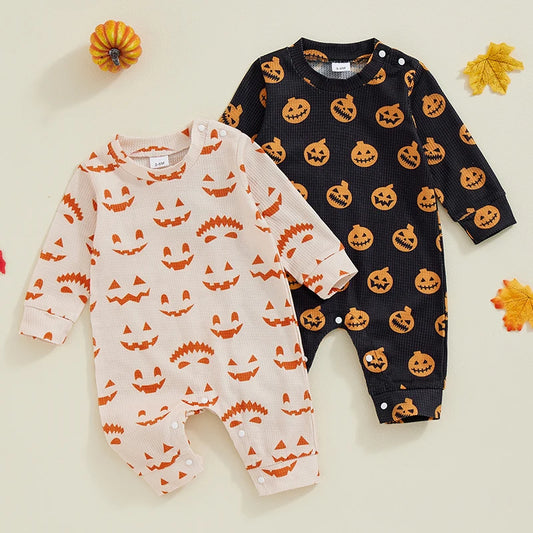 Baby All-over Pumpkin Print Long Sleeve Round Neck Halloween Romper