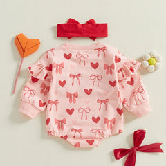Infant Baby Girl Spring Heart Bow Romper & Headband Set