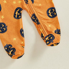 Newborn Baby Boy Pumpkin Print Halloween Romper & Hat Set