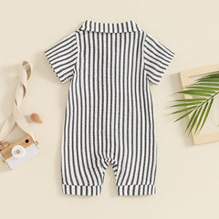 Baby Boy Striped Summer Romper – Short Sleeve, Easy Snap