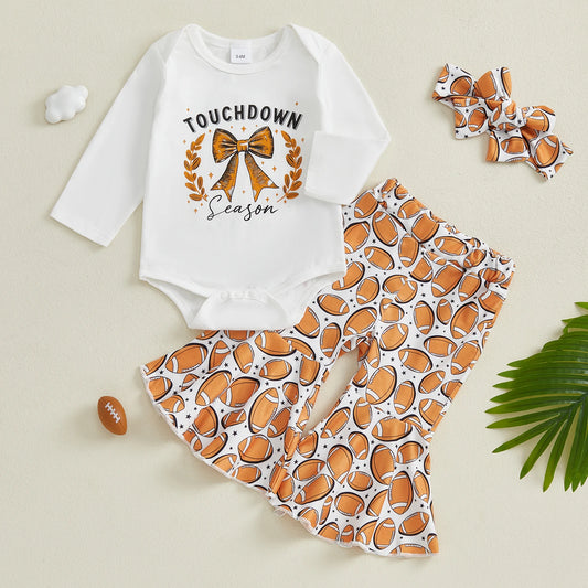 Baby Girl Romper, Flare Pants & Headband Set Football Outfit