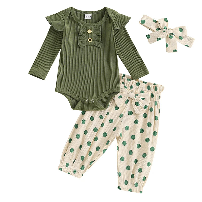 Baby Girl Long Sleeve Romper, Dot Pants & Matching Headband Set