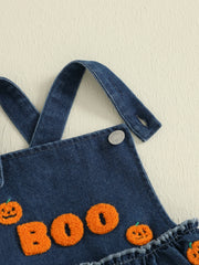 Baby Girl Pumpkin & Ghost Embroidery Halloween Denim Romper