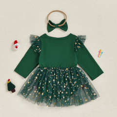 Baby Girls Christmas Romper Dress with Letter Print, Star Mesh Sleeves & Matching Headband Set