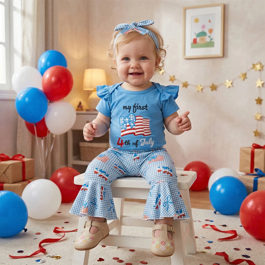 Baby Girls Letter Embroidery Romper and Plaid Bow 4th of July Outfit