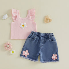 Baby Girls Flower Camisole with Denim Shorts Outfit