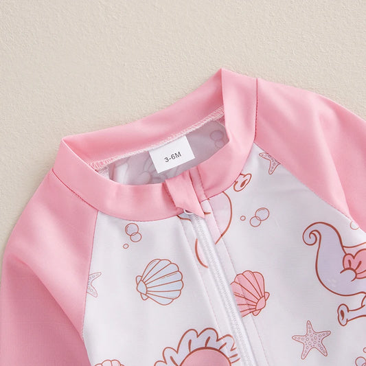 Baby Girl Seashell & Seahorse Print Rash Guard Swimsuit