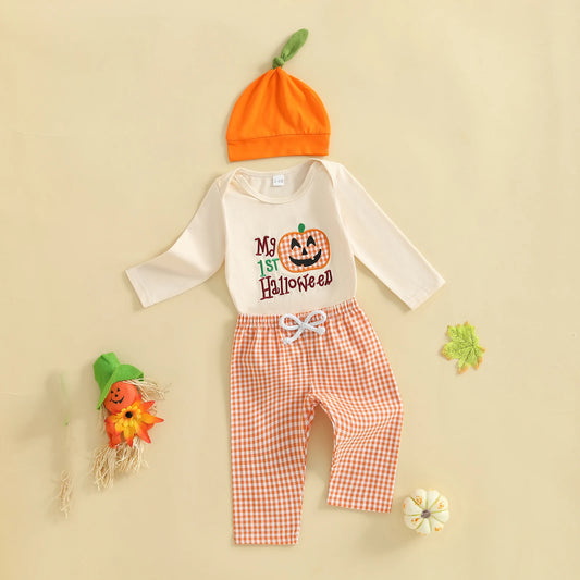 Baby Boys Pumpkin Onesie, Plaid Pants & Hat Halloween 3-Piece Outfit