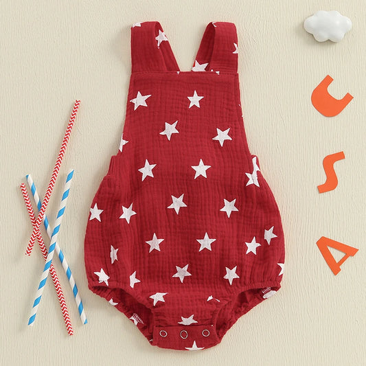 Baby Girls Boys Romper Sleeveless Stars Print Summer Bodysuit Overalls 4th of July Clothing
