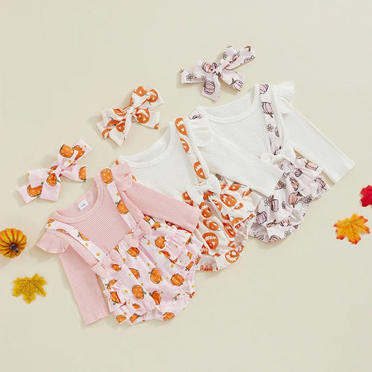 Baby Girl Halloween Pumpkin Long Sleeve Jumpsuit Romper with Ruffled Hem & Headband
