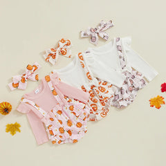 Baby Girl Halloween Pumpkin Long Sleeve Jumpsuit Romper with Ruffled Hem & Headband
