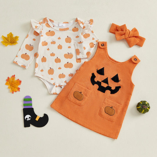 Baby Girl Pumpkin Long Sleeve Onesie, Dress & Headband Halloween Set