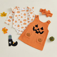 Baby Girl Pumpkin Long Sleeve Onesie, Dress & Headband Halloween Set