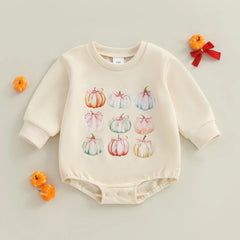 Newborn Baby Girl Pumpkin Print Long-Sleeve Halloween Romper