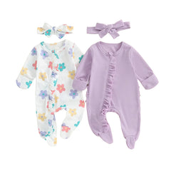 Baby Girl Long-Sleeve Frilled Footie Romper with Headband