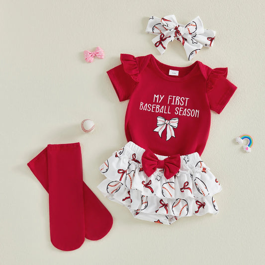 Baby Girl Letter Bow Print Baseball Season Outfit