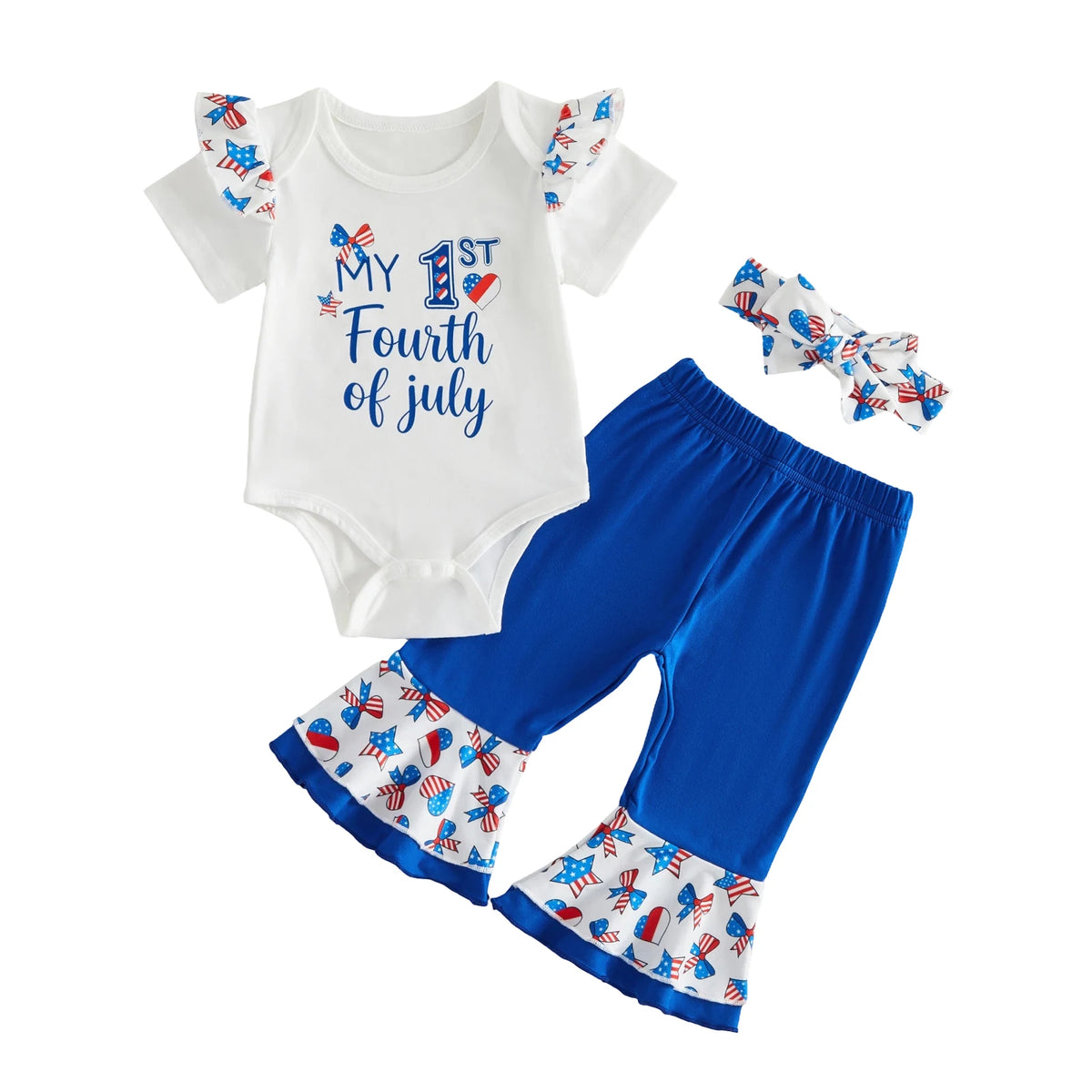 Baby Girl Fourth of July Short Sleeve Romper + Flare Pants + Headband Outfit