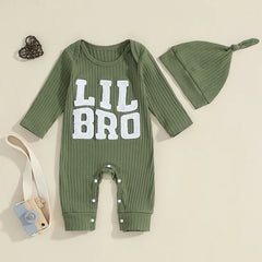 Newborn Baby Boy "Lil Bro" Ribbed Romper & Hat Set