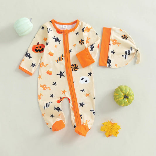 Baby Boy Halloween Pumpkin Romper & Knot Hat 2pc Set